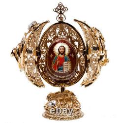 5.7 Gold Plated Egg Icon. Jesus Christ Orthodox Icon with Cross