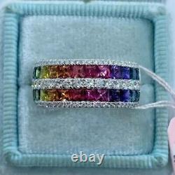 5 ctw Princess Cut Rainbow Sapphire 14K White Gold Plated S925 Wedding Band Ring