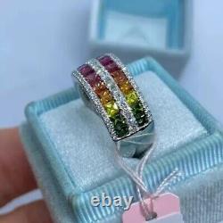 5 ctw Princess Cut Rainbow Sapphire 14K White Gold Plated S925 Wedding Band Ring