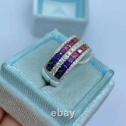 5 ctw Princess Cut Rainbow Sapphire 14K White Gold Plated S925 Wedding Band Ring