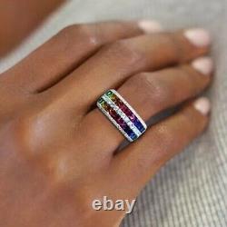 5 ctw Princess Cut Rainbow Sapphire 14K White Gold Plated S925 Wedding Band Ring