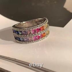 5 ctw Princess Cut Rainbow Sapphire 14K White Gold Plated S925 Wedding Band Ring