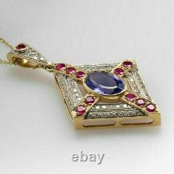 5Ct Oval Cut Lab Created Tanzanite Bezel Pendant 14K Yellow Gold Plated Silver
