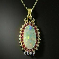 6Ct Opal Ruby & Diamond Pendant Gifted 18 Chain Necklace 14k Yellow Gold Plated