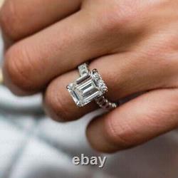 7.5CTW Emerald Cut Moissanite Hidden Halo Wedding Ring 14K White Gold Plated