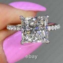 8mm Princess Cut Moissanite Hidden Halo Engagement Ring 14K White Gold Plated