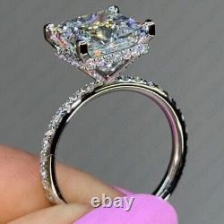 8mm Princess Cut Moissanite Hidden Halo Engagement Ring 14K White Gold Plated