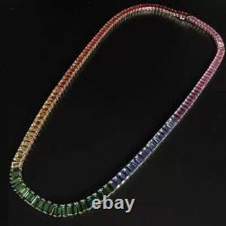 92 Ct Emerald Cut Rainbow Sapphire 14k White Gold Plated Wedding Tennis Necklace