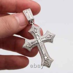 925 Sterling Silver Baguette Cut Moissanite Cross Pendant 14k White Gold Plated