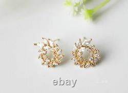 925 Sterling Silver Sparkling Halo Diamond Leaf Stud Earrings Round Gold Plated