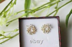 925 Sterling Silver Sparkling Halo Diamond Leaf Stud Earrings Round Gold Plated