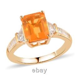 925 Sterling Silver Yellow Gold Plated Fire Opal White Topaz Ring Size 10 Ct 2.4
