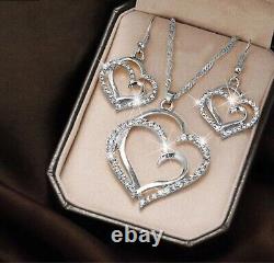 925Silver Women's Heart Pendant Hook Earrings Necklace Set 14k White Gold Plated
