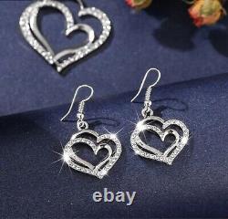 925Silver Women's Heart Pendant Hook Earrings Necklace Set 14k White Gold Plated