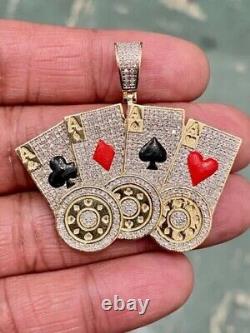 Aces Poker Card Pendant 14K Yellow Gold Plated 2Ct Round Cut Lab-Created Diamond