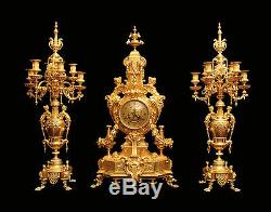 Antique French Gold Plated Bronze Louis XVI Clock And Candelabra 1850-1899
