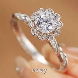 Art Deco Round 1.00Ct Moissanite Solitaire Engagement Ring 14K White Gold Plated