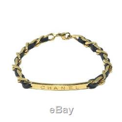 Authentic CHANEL CC bracelet Gold plated metal leather Black Used Vintage Coco