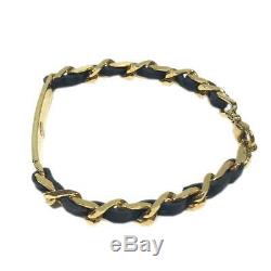 Authentic CHANEL CC bracelet Gold plated metal leather Black Used Vintage Coco