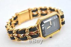 Authentic CHANEL Premiere Watch Gold Plated Leather Black CC 95031
