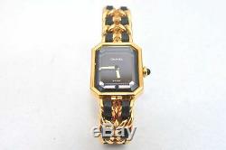 Authentic CHANEL Premiere Watch Gold Plated Leather Black CC 95031