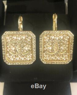 Authentic Chanel Gold Square Hook On Faux Pearl Crystal Earrings RARE