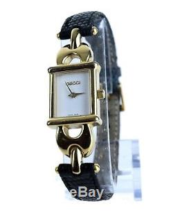 Authentic GUCCI Vintage 1800L Black Leather Gold Metal Quartz Dress Wrist Watch