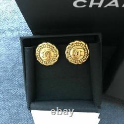 Authentic Signed Chanel Gold CC Round Clip On Signature Checkered Earrings RARE