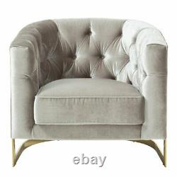 Beam Grey Velvet Chesterfield Tub Armchair with Gold Plated Metal Frame Legs