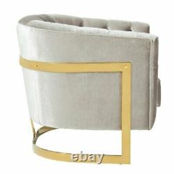 Beam Grey Velvet Chesterfield Tub Armchair with Gold Plated Metal Frame Legs