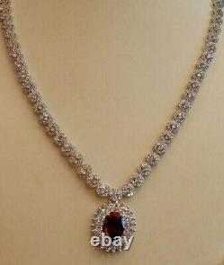 Beauty 32 CT Oval Lab Created Garnet Tennis Necklace 14KWhite Gold Plated Silver
