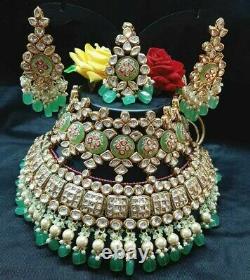 Bollywood Gold Plated Indian Big Kundan Necklace Earrings Jewelry Choker Bridal