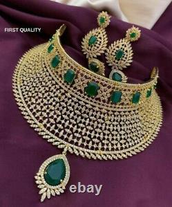 Bollywood Style Gold Plated Indian CZ Jewelry Bridal Choker Green Necklace Set