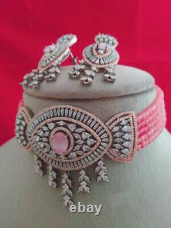 Bollywood Style Indian Gold Plated CZ AD Choker Pink Necklace PendenSet Jewelry