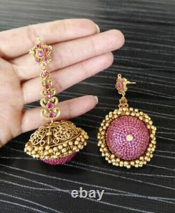Bollywood Style Indian High Quality CZ Long Earrings Set Matt Gold Plated Ruby