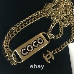 CHANEL Belt Gold Chain COCO Plate Pink Rhinestone authentic