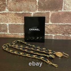 CHANEL Chain Belt Gold Plated & Black Leather CC Logo Coin Round Pendant Vintage