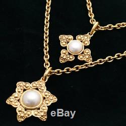 CHANEL Faux Pearl Double Long Necklace Pendant Flower Vintage Gold plated Metal