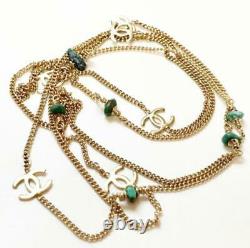 CHANEL Long Necklace Gold Plated Chain CC Logo & Turquoise Stones 98P Vintage