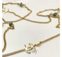 CHANEL Long Necklace Gold Plated Chain CC Logo & Turquoise Stones 98P Vintage