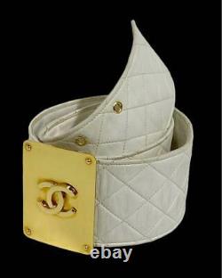 CHANEL Matrasse Logo Plate Wide Belt Gold Buckle White Accessories Vintage