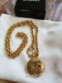 CHANEL Necklace CC Logo Circle Pendant Gold Plated Chain Vintage Authentic