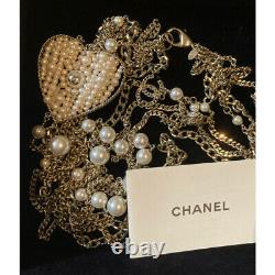 CHANEL Necklace Gold Plated Multi-Layered White Pearl Beaded Heart Motif 06A