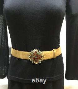 CHANEL Tan Suede Belt Gripoix Glass Cabochons Gold Plated Buckle Size 85 34