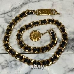 CHANEL Vintage Black Leather Gold-Plated ID Logo Plaque Medallion Chain Belt 32