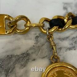 CHANEL Vintage Black Leather Gold-Plated ID Logo Plaque Medallion Chain Belt 32