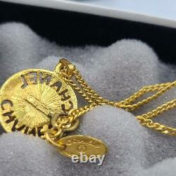 CHANEL Vintage Necklace Gold Plated Costume Pearl Round Pendant Logo Cutout