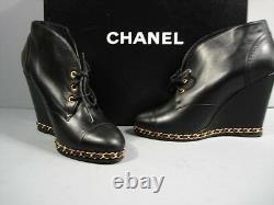 Chanel Black Leather Lace Up Gold Chain Wedge Bootie Ankle Boots 39.5/9.5 New