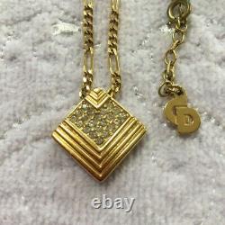 Christian Dior Square Shape Chain Pendant Necklace Rhinestone Gold Plated NO BOX