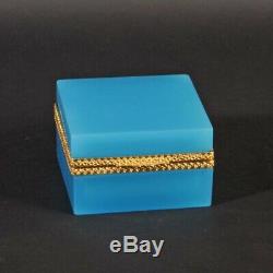 Collectable vintage square opaline box casket gold plated metal France petrol